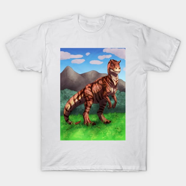 Tiger Allosaurus with Mountains T-Shirt by SakuraDragon